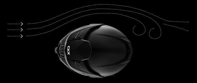 Diagram of outside air flowing around a CKX AMS helmet and creating a low-pressure zone at the back