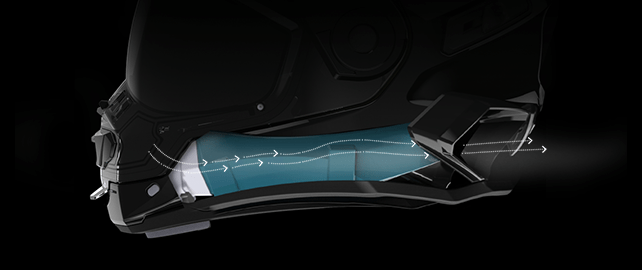 Diagram of moist exhaled air moving from the front of a CKX helmet to the rear exhaust ports