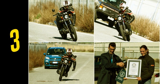 3. Le trajet ininterrompu le plus long en moto - sans les mains : 222 km (137,94 miles) - Marcello Sarandrea - Italie - 6 mars 2015 (Livre Guinness : http://www.guinnessworldrecords.com/world-records/longest-non-stop-motorcycle-ride-no-hands)