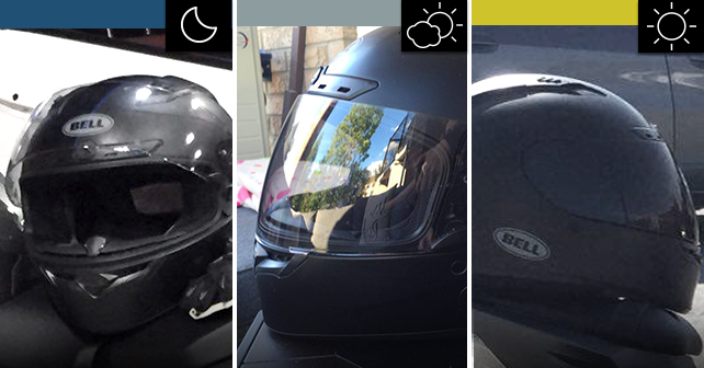 helmet with photochromic visor during the night (clear visor), during the day when it's cloudier (light grey visor) and during the day when it's full sunlight (dark grey visor)